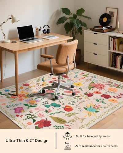 Tapete Boho Lavable 4x6 Floral Antideslizante Beige miniatura 2