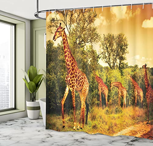 Ambesonne Giraffe Shower Curtain, Savannah Animals Walking in The Green Forest Savannah Wildlife Theme, Cloth Fabric Bathroom Decor Set with Hooks, 69