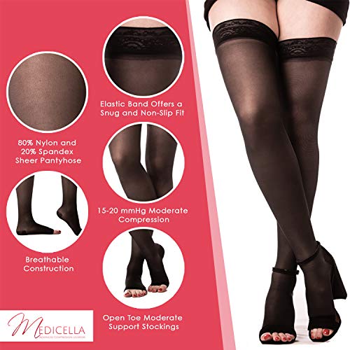 Image of Medicella Thigh High Compression Stockings for Women Open Toe 15-20 mmHg Medical Quality