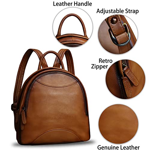 Image of Genuine Leather Backpack Purse for Women Retro Handmade Small Casual Rucksack Satchel Back Bags Knapsack (Brown)