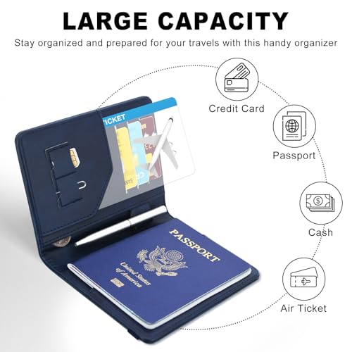 ACdream RFID BLOCKING Passport Holder Travel Wallet, Premium PU Leather Cover Passport Book with Card Holder, Pen Holder, Keep Organization, and Travel Essentials for Women and Men, Blue - Thumbnail 2