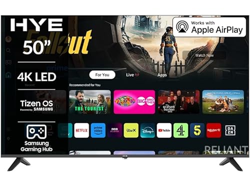 HYE TV - Smart TV, 50 Screen Size, 4K Resolution, LED Technology, Apple AirPlay, Samsung Tizen OS & Gaming Hub, Versatile Connectivity, Black, Perfect For Streaming, Gaming & Entertainment