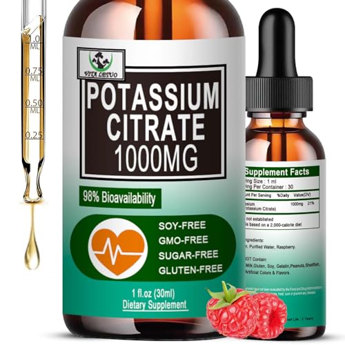Potassium Citrate Liquid Drops Potassium Supplement 1000mg Liquid Support Muscle Cramp Relief Heart Health and Sleep Highly Absorbable for Adults Women & Men Vegan 30 Servings
