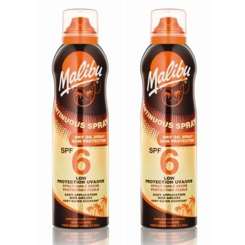 Image of 2 Malibu Aerosol Continuous Dry Oil Sprays SPF 6. Pack Contains 2 Bottles - 175ml Each