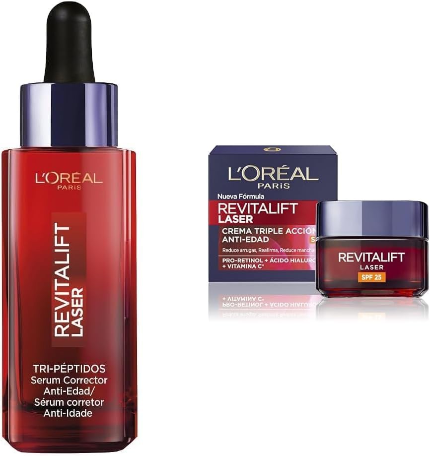 L'Oréal Paris Revitalift Láser Anti-Edad Sérum Corrector Con Tri-Péptidos, Ácido Hialurónico y Vitamina Cg, 50ml y Crema de Día con Protección Solar SPF 25, 50 ml