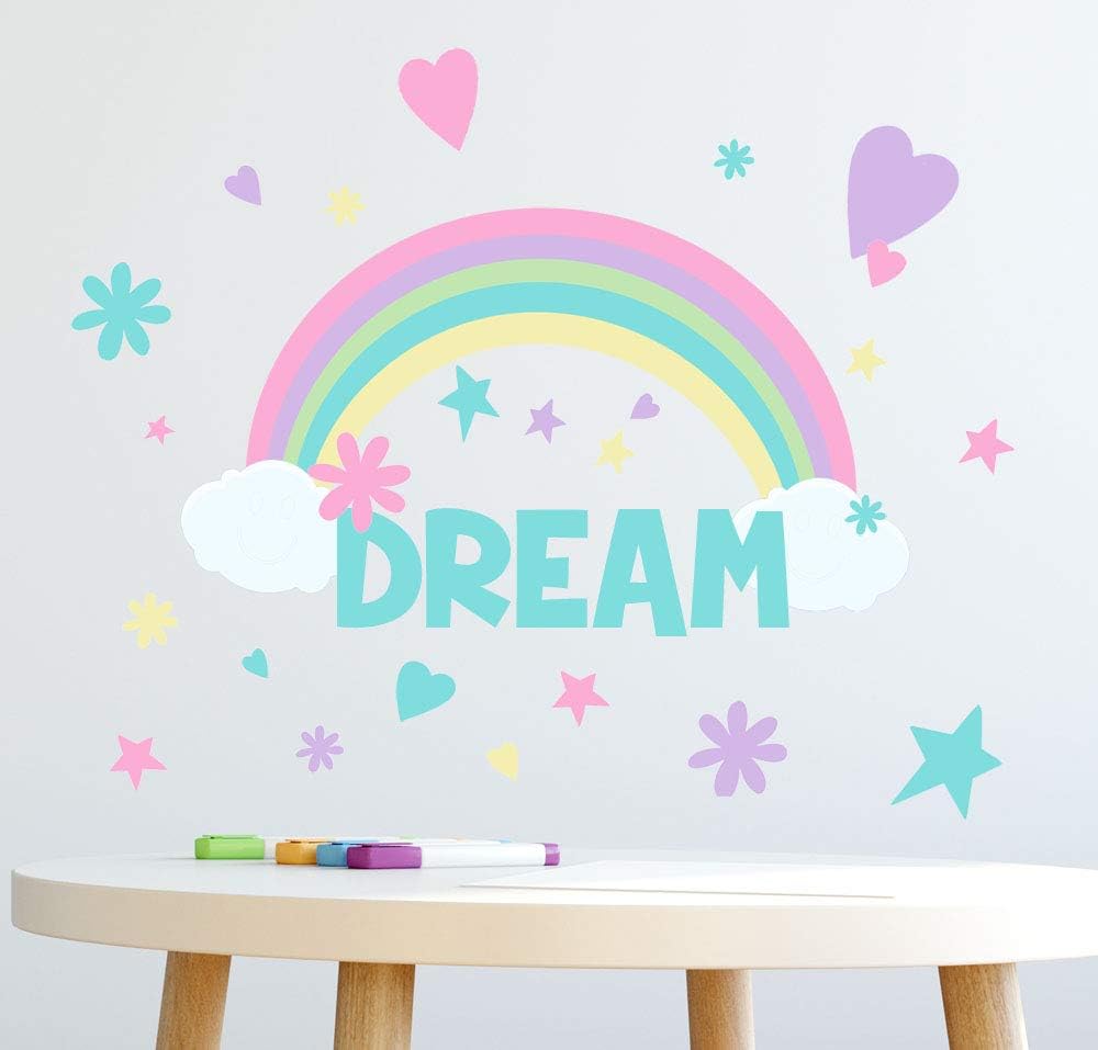 Rainbow Dream Pastel Girls Wall Decals (118) Wall Stickers of Hearts, Stars & Flowers for Bedroom Playroom Bathroom Decor Stickers for Nursery Toddler Teen Decoration (Rainbow Dream)