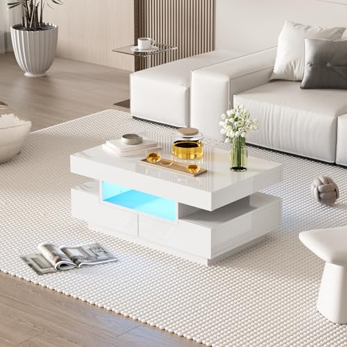BTM Coffee Table with 4 Drawers and LED Light Strip, High-Gloss Coffee Table with Large Storage Space, White, 50x80x36cm