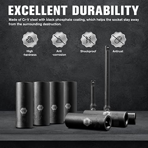 Pgroup 3/8” Drive Deep Impact Socket Set, 15-Piece 6 Point Standard Sae Sizes(1/4-Inch To 1"),Includes 3", 6"Impact Extension Bars,Cr-V Steel Socket Set With Heavy Duty Storage Case #TOP3