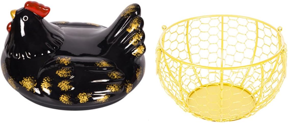 Iron Art Egg Basket and Food Storage Basket, Black with Gold Wire Frame, Chicken-shaped Kitchen Egg Holder for Home and Countertop Organization