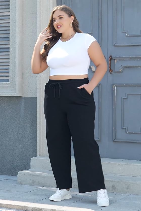 A-Wintage Women's Plus Size Wide Leg Sweatpants Elastic Waist Baggy Drawstring Lounge Pants with Pockets3