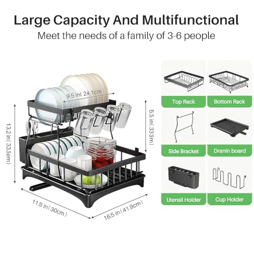 Image of ZROY Dish Drying Rack 2-Tier with Drainboard for Kitchen Countertop - Stainless Steel Dish Drainer with Utensil Holder, Cup Rack, Knife Storage & Water Drain Spout (New Black Rack 2-Tier)
