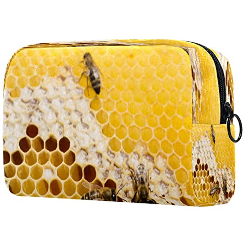 Bolsa De Maquillaje Panal con Abejas Bolsa Cosmetica Portátil Viaje De Maquillaje Organizador Bolsa De Almacenamiento De Maquillaje 18.5x7.5x13cm