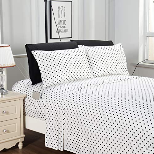 Elegant Comfort Delilah Polkadot 6-Piece Set Fade & Wrinkle Resistant 1500 Premium Hotel Quality Microfiber Deep Pocket Fitted Sheet Featuring Smart Pockets Polkadot Sheet Set Full White