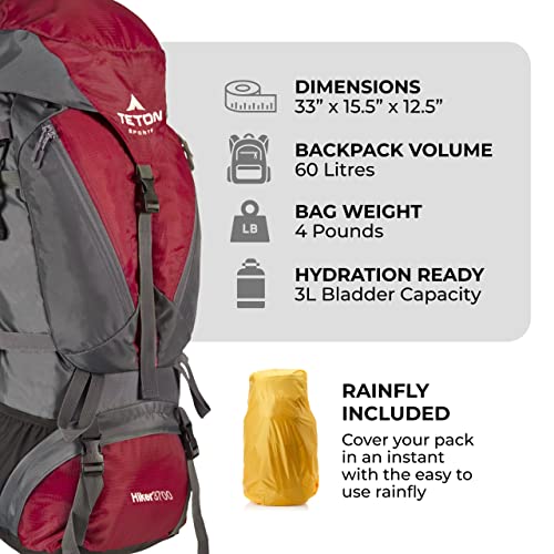 Teton Sports Hiker 3700 Ultralight Internal Frame High-Performance Backpack For Hiking, Camping, Travel, And Outdoor Activities; 60L, Red #TOP1