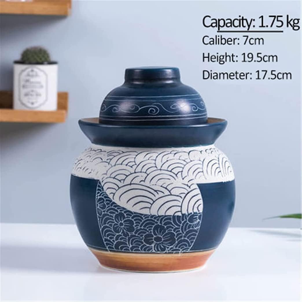 Blue Traditional Chinese Porcelain Pickle Jar, Ceramic Fermentation Crock Pickling Pot,Fermenting Jar with Water Seal Airlock Lid Stoneware Fermenter for Kimchi Saue 3.5KG Jar