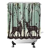OuElegent Deer Shower Curtain Silhouette Elk Moose in Birch Trees Bath Curtain Rustic Wildlife Anima