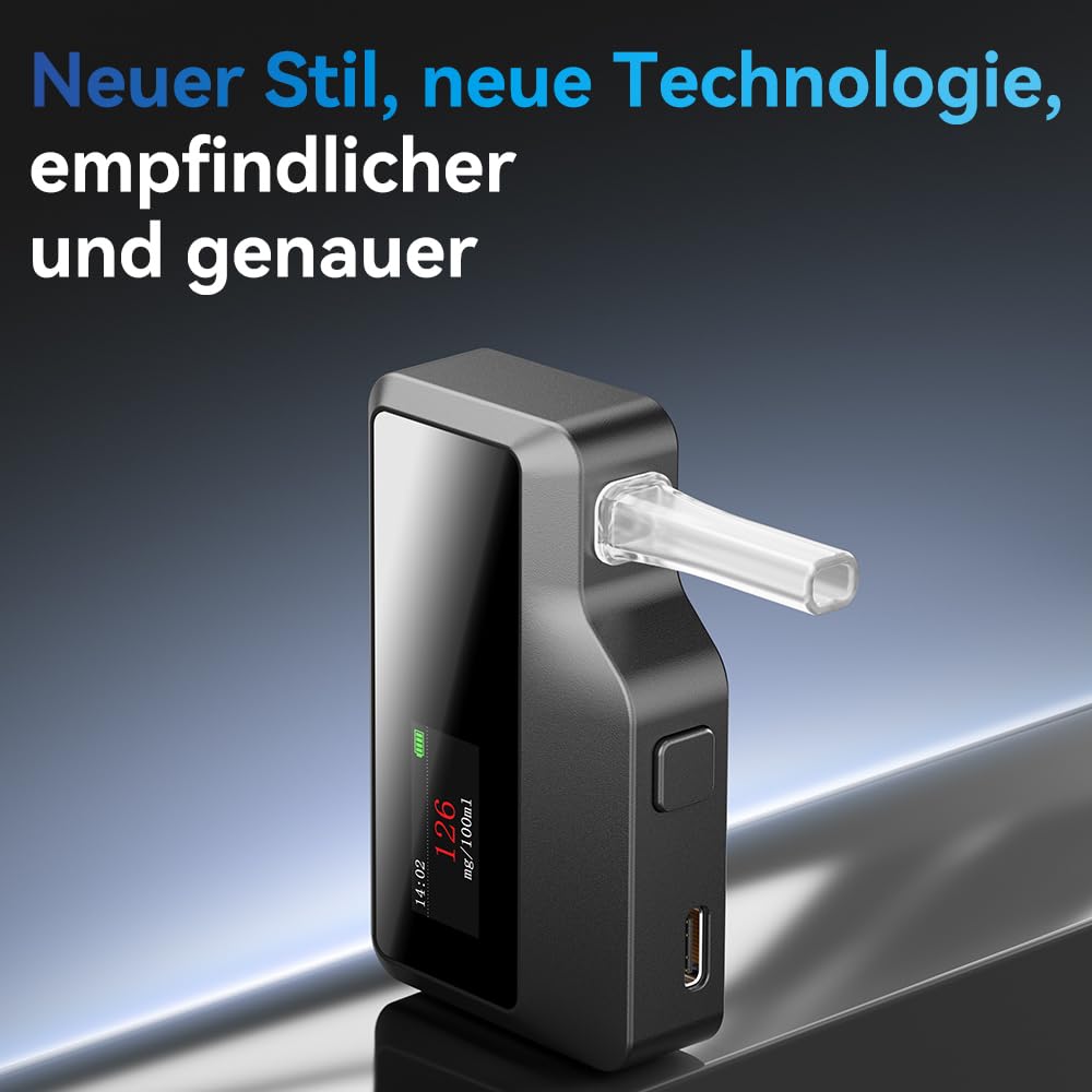 ZBK Hochpräziser Alkoholtester, elektrochemischer Atemanalysator, digitaler genauer Alkoholtester - 100 Aufzeichnungsspeicher, Typ-C Schnellladung, einstellbare Einheiten & Zeit für den persönlichen