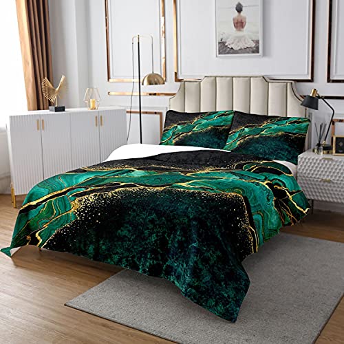 Chic Marmor Tagesdecke 240x260, Türkis Fluid Quilted Für Kinder Erwachsene Schlafzimmer, Bronzing Marmor Tagesdecke Set Abstraktes Steinmuster Tagesdecke Bettdecke Set Mit 2 Kissenbezüge, Grün Gold Cover