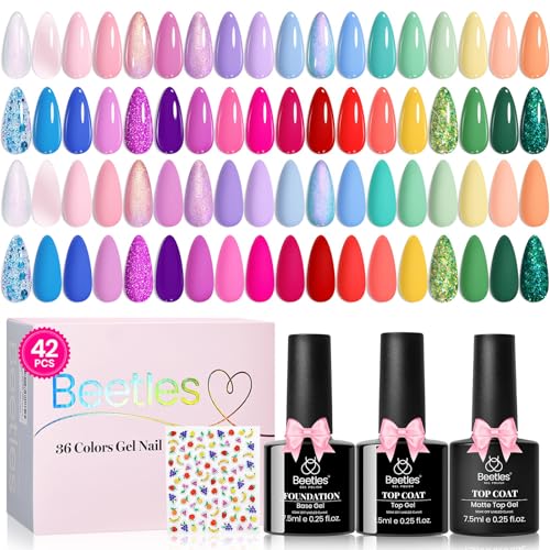Image of Beetles 36 Colors Gel Nail Polish Set, 42pcs UV Gel Nail Polish Colors Blue Pink Purple Orange Polish Shimmer Glitter Woodland Fairy Collection with Nail Art Rhinestone Spring Gifts for Women Girls