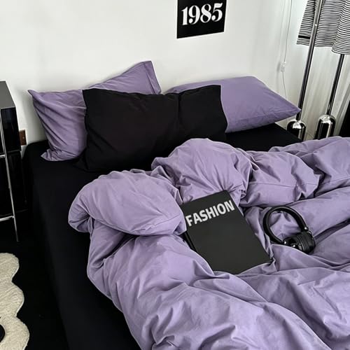 Image of mixinni Solid Purple Duvet Cover Set Queen Size - 100% Washed Cotton 3-Piece Minimalist Bedding Set, Ultra Soft Breathable Solid Color Purple Comforter Cover with Zipper & Corner Ties, Full Size