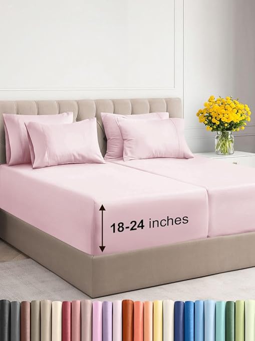 Extra Deep Split King Sheet Set - 7 Piece Breathable & Cooling Sheets - Hotel Luxury Bedding Set 18-24 Inch Extra Deep Pockets - Easy Fit, Soft, Wrinkle Free & Comfy - Lavender Pink, Split King Size