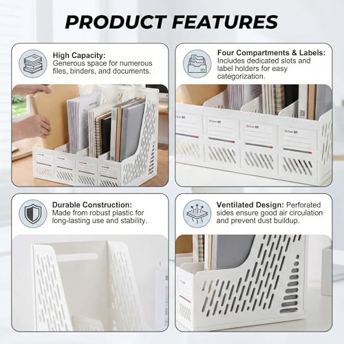 Image of DaKos 4 Compartments File Racks Paper Holder, Desktop Organizers, Letter Organizer, Magazine Book Holder Organizer, Plastic File Rack (Pack of 2) (White)