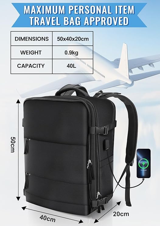 Image of Travel Backpack for Men & Women Cabin Bag, Water Resistant Carry On Luggage with Laptop Compartment, Shoe Pocket, Anti Theft Pocket, USB Port, Chest Buckle, Underseat Flight Travel Bag