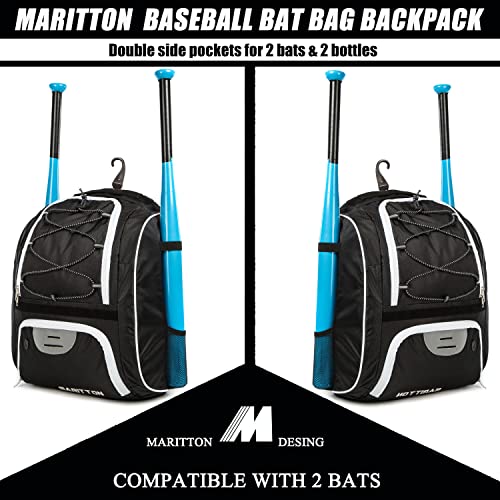 Maritton Baseball Bag - Bat Backpack For Baseball, T-Ball & Softball Equipment & Gear For Youth And Adults With Shoe Compartment And Hold Bat, Helmet, Glove And Shoes. (Blk) #TOP4