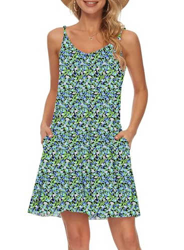 MISFAY Sommerkleid Damen kurzes lässiges Strandkleid V-Ausschnitt SpaghettiTräger Trägerkleid mit Taschen Blume Graublau XXL