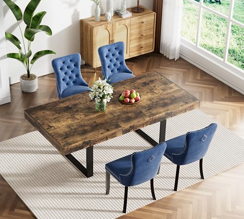 Image of Rustic Brown Dining Room Table Set for 4, 5-Piece 63 inch-78.74 inch Extendable Dining Table Set with 4 Upholstered Chairs, Rectangle Wooden Expanding Kitchen Table and Blue Chairs Set