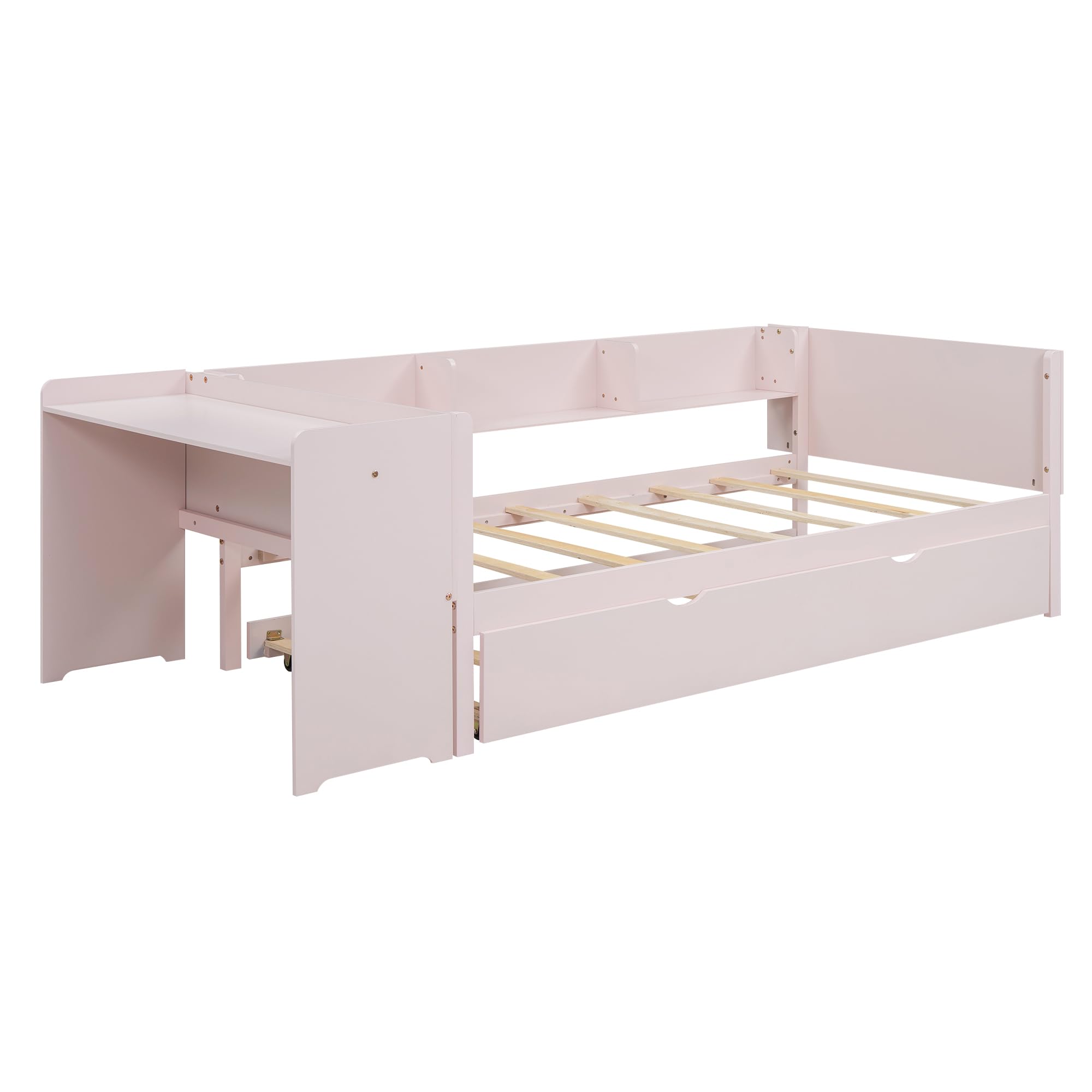 Cama individual de 90 x 200 cm, cama plana de madera, con cama extraíble, con escritorio, tres estantes en el lateral de la cama (rosa)