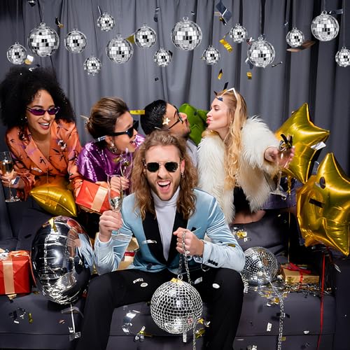 JOERSH 20 Pcs Disco Ball Decorations, Silver Hanging Mirror Disco Ball Ornaments with Rope for 70s Disco Theme Party Wedding Dance Music Prom Props, 4 Sizes - Thumbnail 6