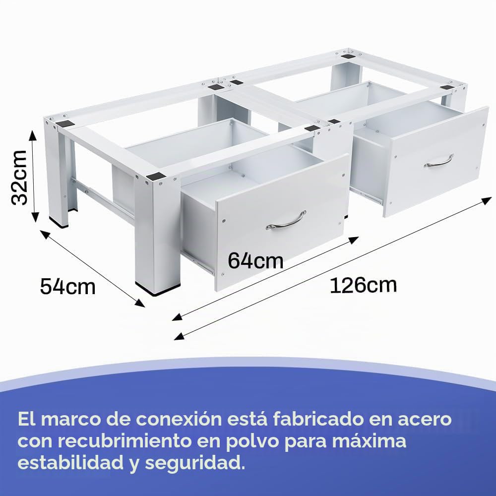 Base de metal doble para lavadora con cajón – 126 (largo) x 54 (ancho) x 32 (alto) cm, estable de 2 compartimentos para lavadoras, pedestales para secadoras, frigoríficos