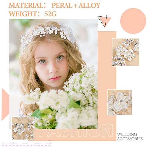 2 Pcs Flower Wedding Girl Headpiece Pearl Silver Princess Wedding Headband Tulle Flower Crystal Headband Cute Communion Headband Wedding Hair Band For Baby Kids Birthday Photography Hair Accessories #TOP2