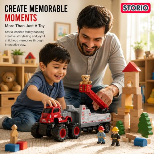 Image of Storio 1:43 4WD Fire Fighting Truck Toy | Friction Powered Engineering Vehicle for Kids | Miniature Fire Truck with Movable Ladder, Crane & Monster Wheels | Durable Car Toy