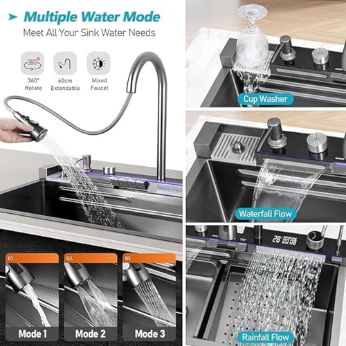 Image of EVANEX Kitchen Sink 30 inchx18 inchx9 inch Inch Piano Kitchen Sink Multifuctional LED Pannel & Digital Display 304 Grade Stainless Steel Black Finish with Integrated & Pull Down Faucet