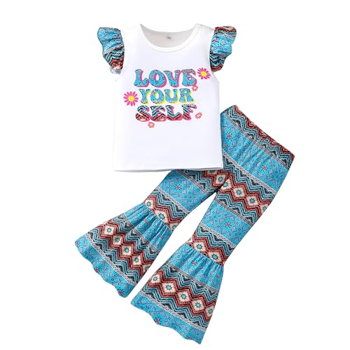 Image of Girl 2pcs set with ruffle sleeves top flared pants spring summer short sleeves 4-12Y