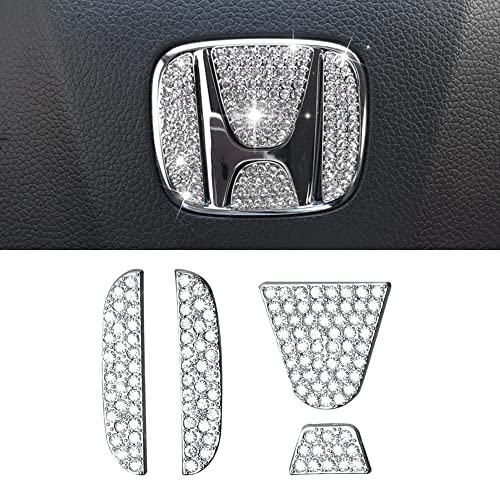 CARFIB for Honda Bling Accessories Civic Accord CR-V Pilot FIT Odyssey HR-V 2021 2020 2019 2018 Steering Wheel Emblem Logo Decals Stickers Car Women Rhinestone Silver 4 Pack