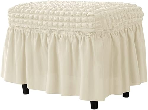 Funda elástica blanca para otomana, rectangular, súper ajuste, con falda, estilo campestre, lavable, plegable, protector de muebles para sala de