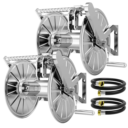 M METERXITY 2-Packs Stainless Steel Garden Hose Reel, Wall Mount Water Hose Holder, 150 Feet of 1/2 Inch Hoses Capacity, Hose Reels for Outside with 5 ft Inlet Hose and Crank
