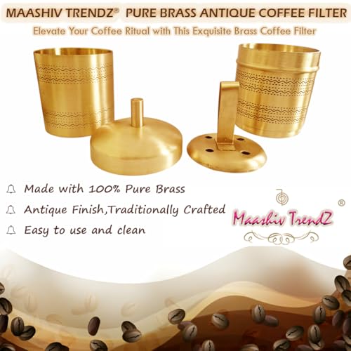 Image of Pure Brass Antique Coffee Filter /South Indian Traditional Coffee Filter /Etched Brass South Indian Coffee Filter /Embellished Heavy Duty Coffee Filter with Elegant Matt Finish