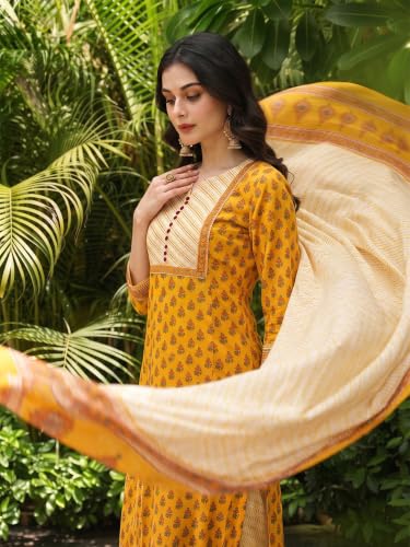 Image of Vaamsi Women's Rayon Blend Ethnic Motifs Printed Straight Kurta Palazzo With Dupatta (VKSKD1042 Yellow XL)