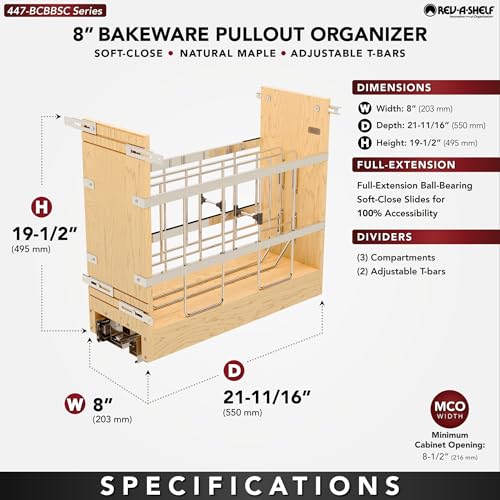 Rev-A-Shelf 8" Wooden Pullout Shelf Bakeware Organizer for Base Kitchen Cabinets with Soft Close and 100 Pound Ball-Bearings, 447-BCBBSC-8C