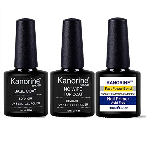 Kanorine® Lot de 3 vernis à ongles gel UV/LED (Nail Primer+base coat + top coat) Semi Permanent Nail Gel 10 ml x3