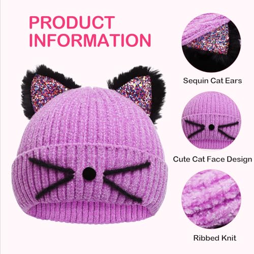Little Girls Sequin Cat Ears Hats Cute Warm Knit Beanie Hat for Kids Winter Outdoor Snow Ski Skull Cap 3-8 Years4