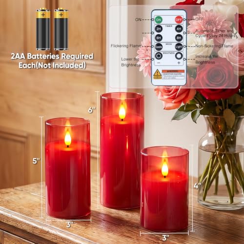 Image of Raycare Battery Operated Flameless Pillar Candles with Remote Timer, Red | LED Acrylic Candle with Warm Ambience for Christmas Celebrations, Valentine's Day Dinners, Romantic Table Settings, Set of 3