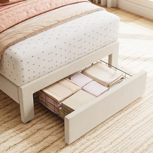 GarveeHome 2 Sets Twin Bed Frame with Under-Bed Drawer, Upholstered Platform Bed with Wave Headboard for Kids/Girls, Wooden Slats Support, No Box Spring Needed, Velvet Beige