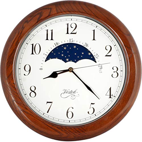 Justime 14 Inch Exclusive Solid Oak Wood Non-Ticking Sweep Mechanical Specialty Moon Phase Moving Dial Wall Clock, Gift, Home Décor #TOP2