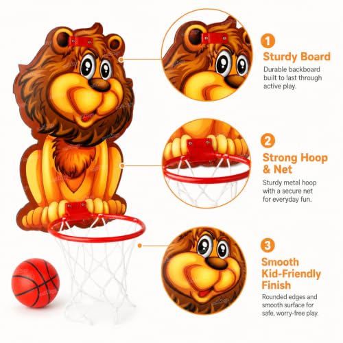 Image of Zest 4 Toyz Kids Basketball Hoop Set with Ball Wall Mounted Indoor Basketball Ring with Net Cute Lion Theme Mini Basketball Game for Boys and Girls Indoor Outdoor Sports Activity Toy