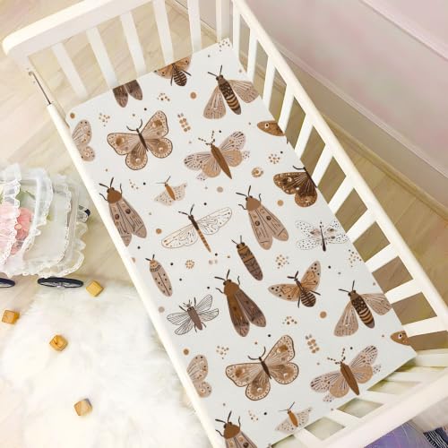 Image of Butterflies Bugs Vintage Cute Crib Sheets Soft Breathable Fitted Baby Crib Sheets Mattress Cover for Girls Boys, 52 inch x 28 inch x 9 inch
